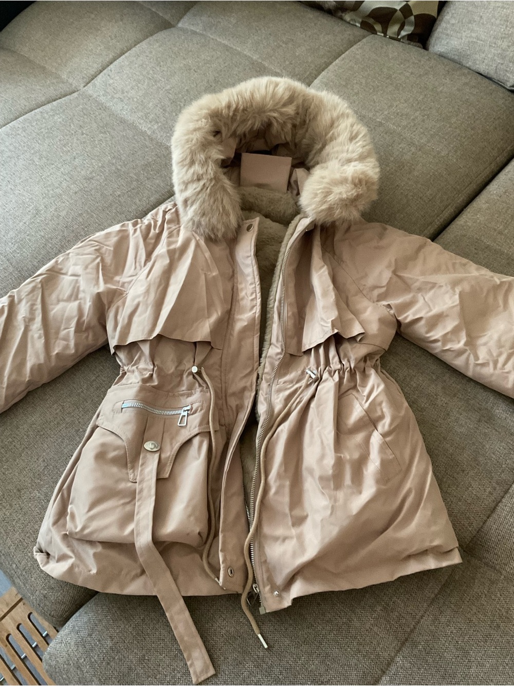 Women's Hooded Faux-Fur Trim Puffer Jacket in Taupe